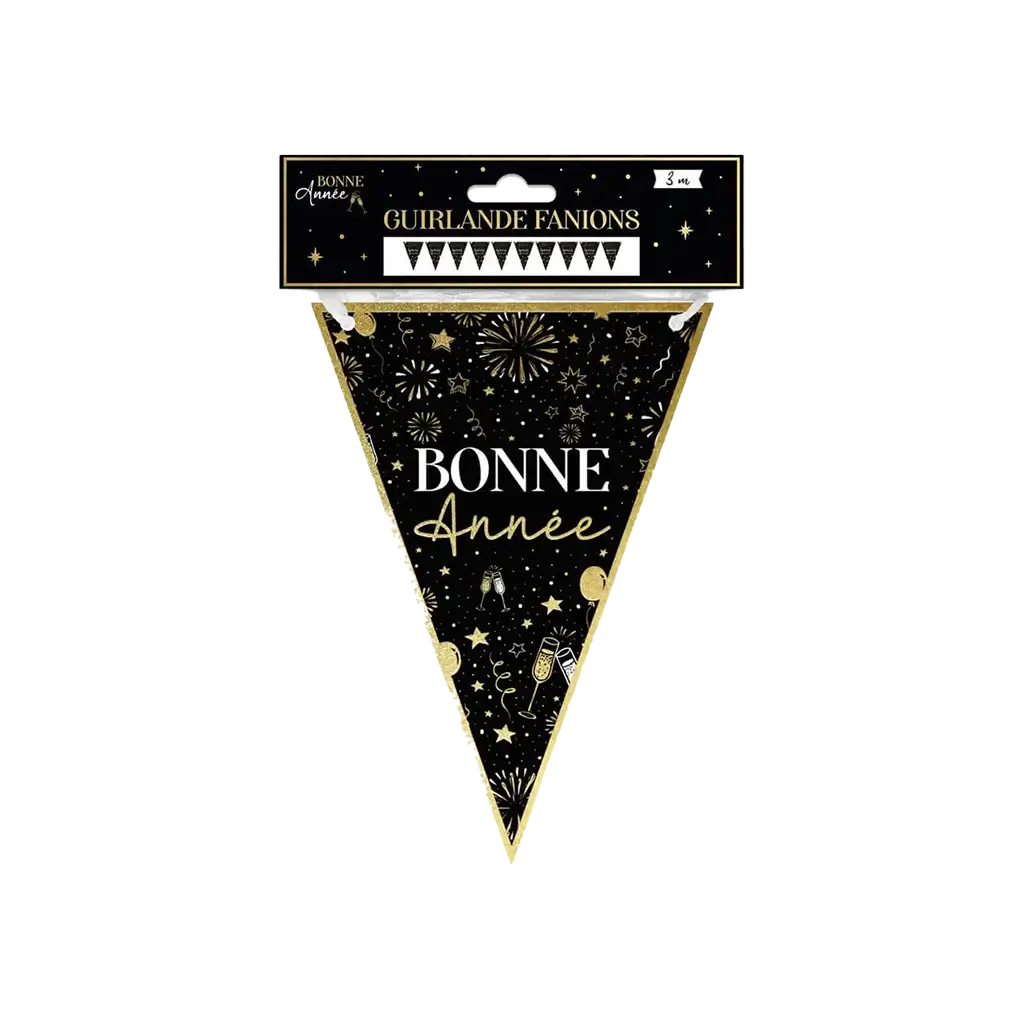 Guirlande Fanions Noir et Or Bonne Année 3 mètres