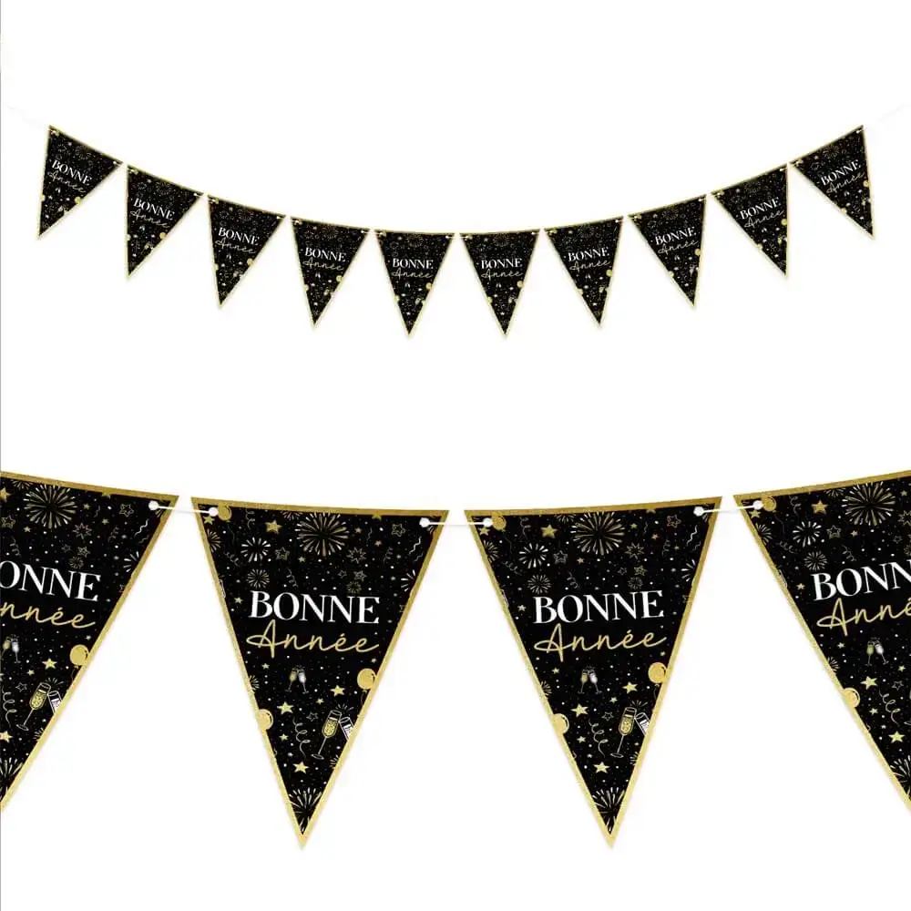 Guirlande Fanions Noir et Or Bonne Année 3 mètres