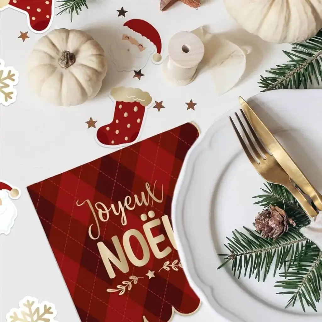 Serviette Rouge à Carreaux "Joyeux Noël" - Lot de 10