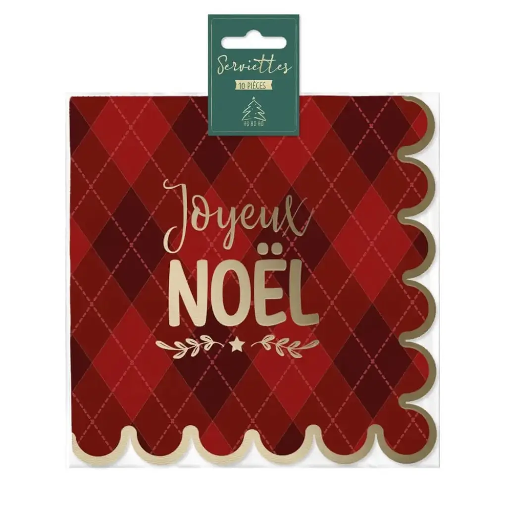 Serviette Rouge à Carreaux "Joyeux Noël" - Lot de 10