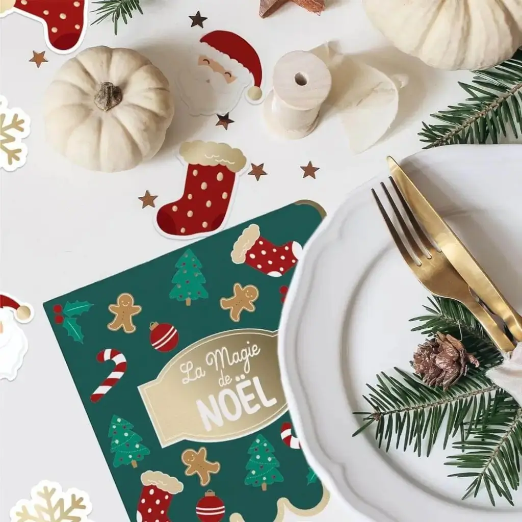 Serviette Verte à Motifs Magie de Noël - Lot de 10
