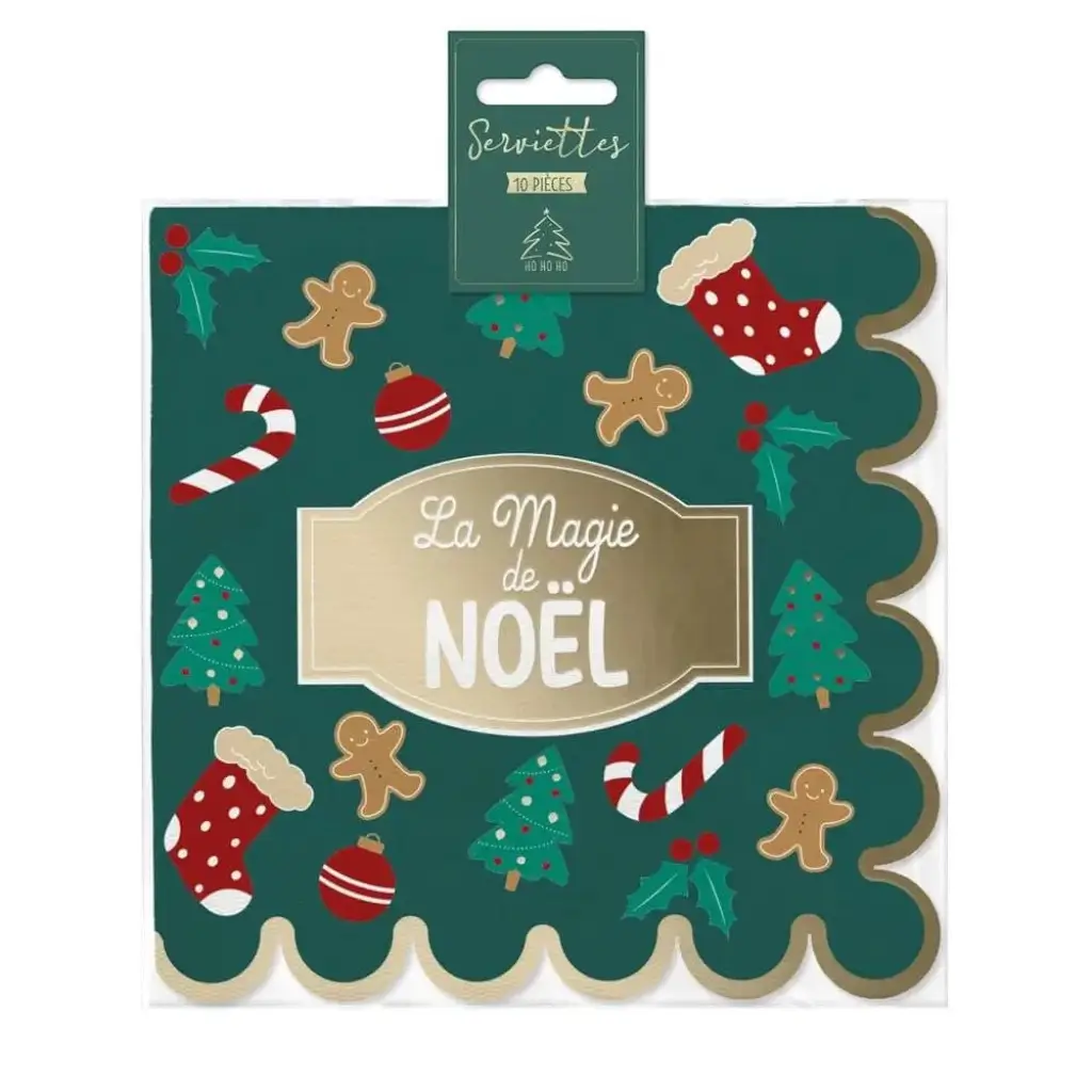 Serviette Verte à Motifs "Magie de Noël" - Lot de 10