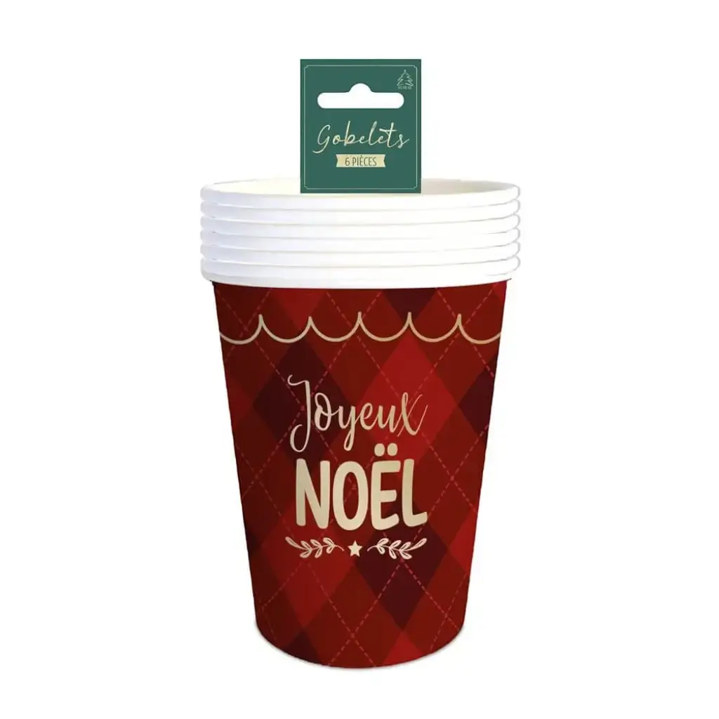 Gobelet Rouge à Carreaux Joyeux Noël - Lot de 6
