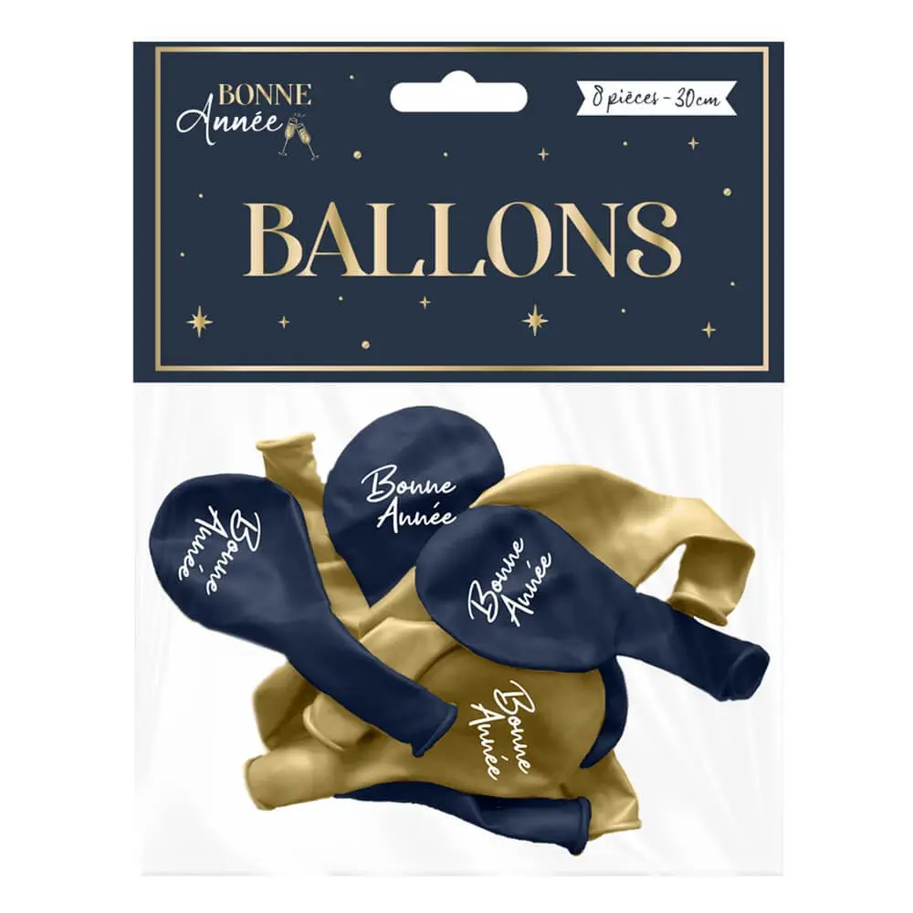 Ballons "Bonne Année" Bleu Marine / Or 30cm - Lot de 8