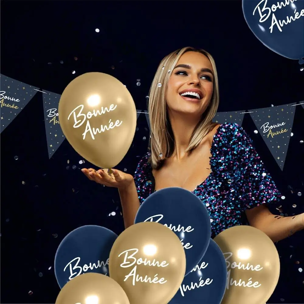 Ballons Bonne Année Bleu Marine / Or 30cm - Lot de 8