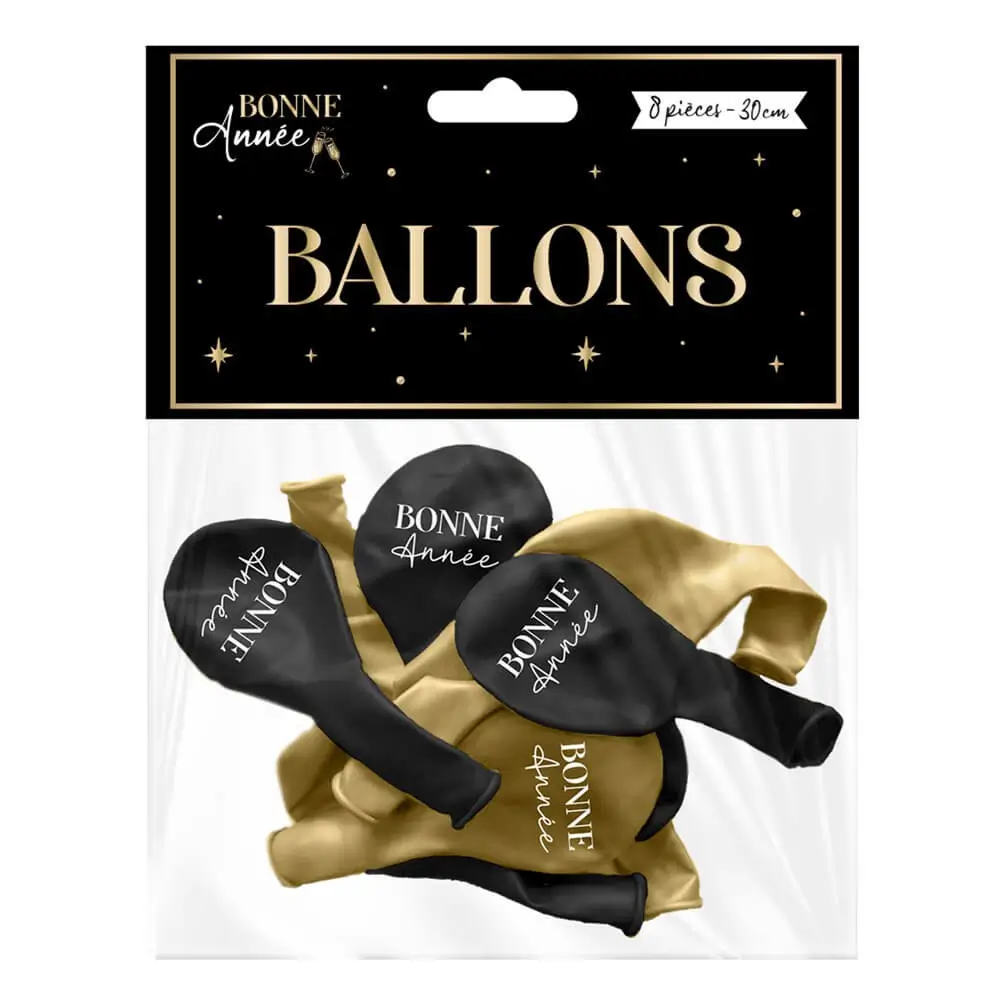 Ballons Bonne Année Noir / Or 30cm - Lot de 8