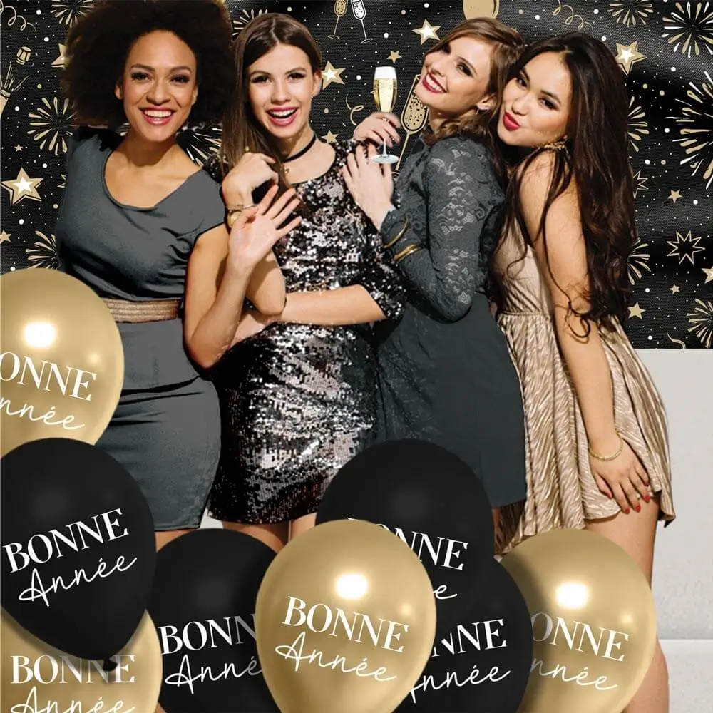 Ballons Bonne Année Noir / Or 30cm - Lot de 8