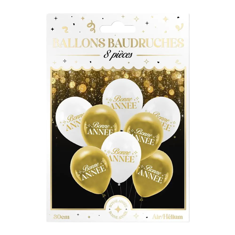 Ballons Bonne Année Blanc / Or 30cm - Lot de 8