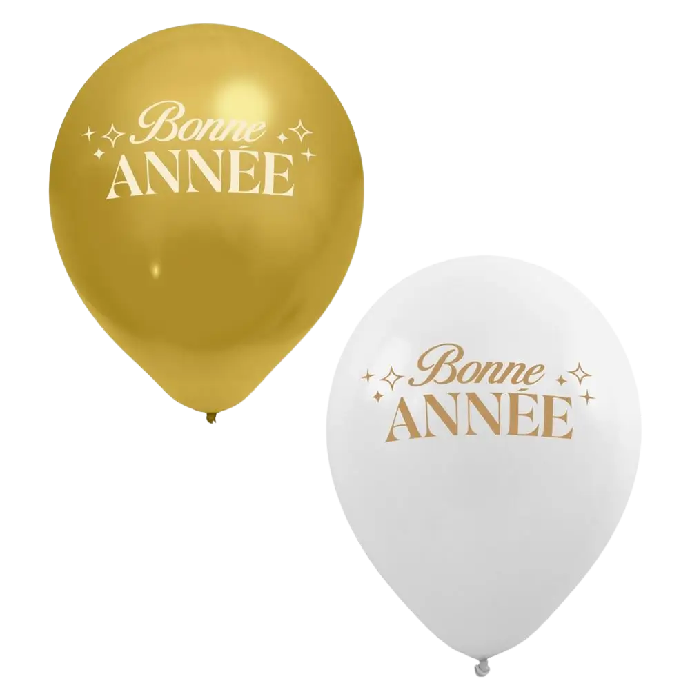 Ballons Bonne Année Blanc / Or 30cm - Lot de 8