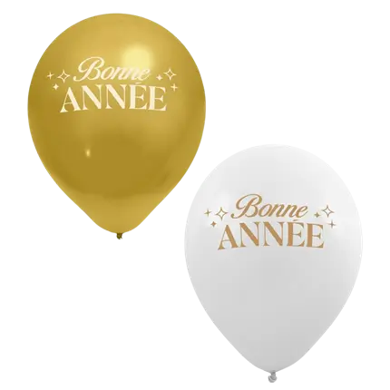 Ballons "Bonne Année" Blanc / Or 30cm - Lot de 8