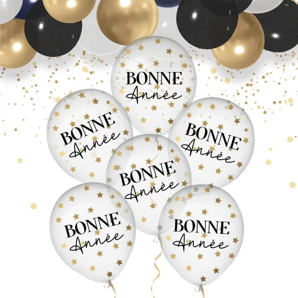 Ballons Confettis Noir / Or "Bonne Année" - Lot de 6