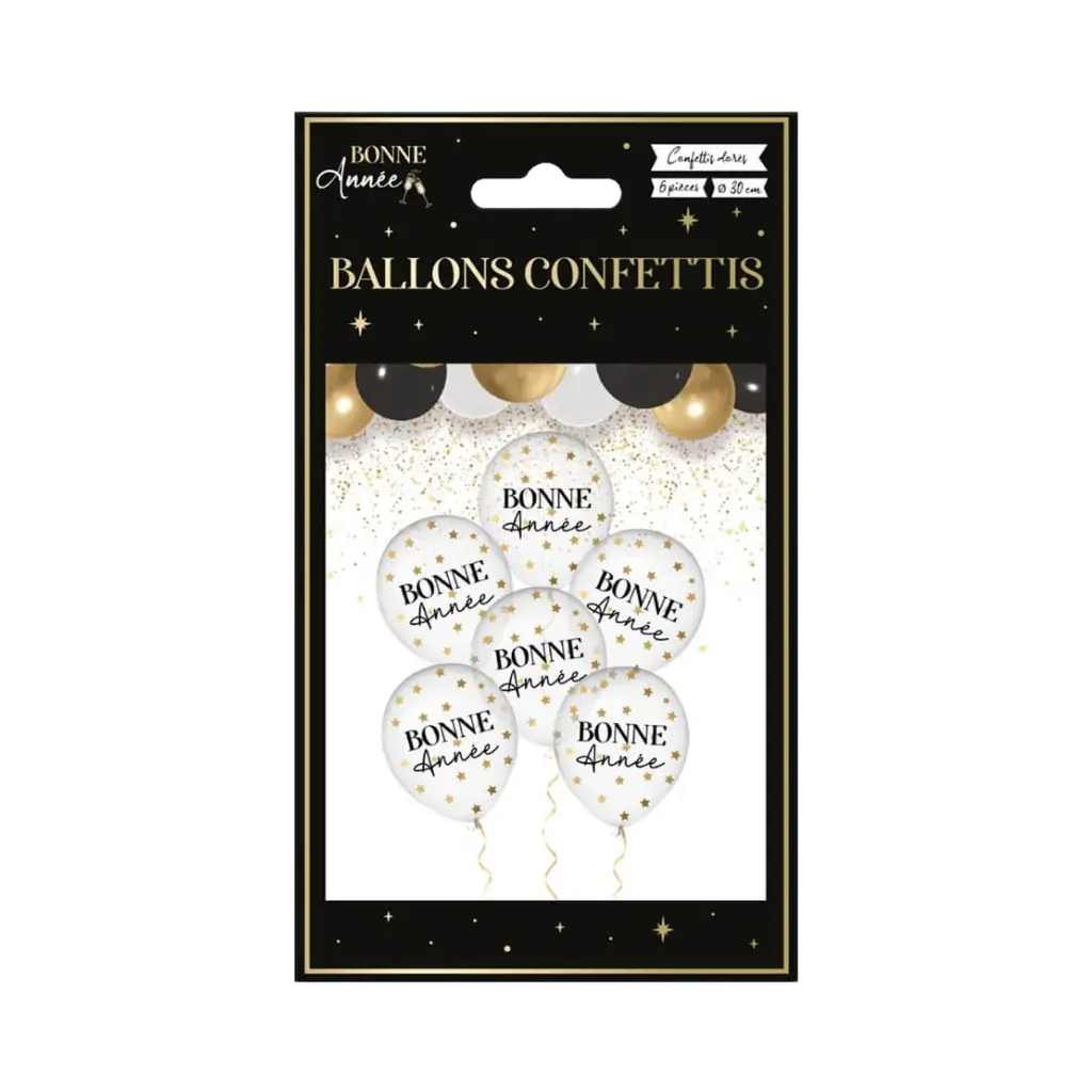 Ballons Confettis Noir / Or Bonne Année - Lot de 6