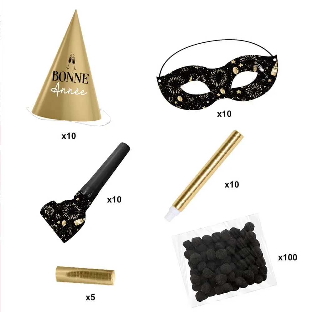 Set d'accessoires Bonne Année Noir / Or - 10 Personnes
