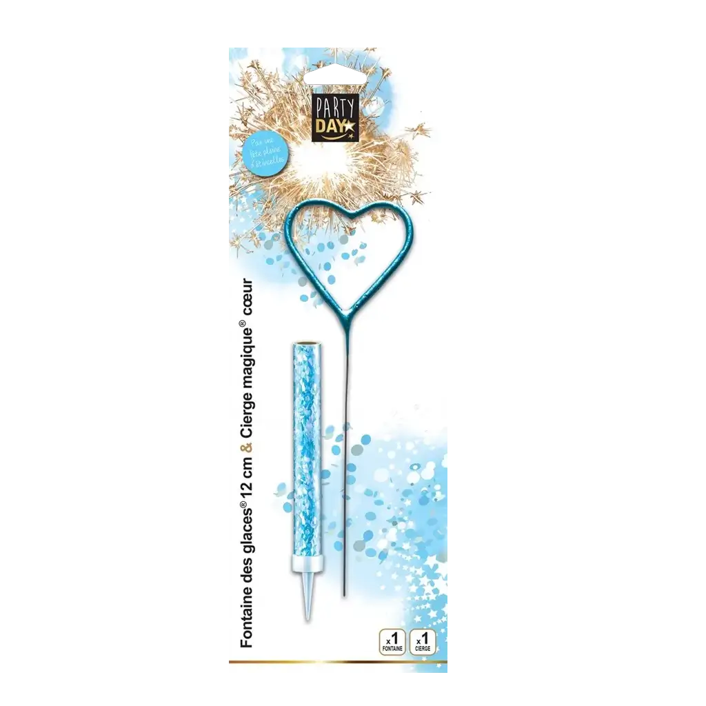 Duo Cierge Magique Coeur &amp; Fontaine Scintillante - Bleu