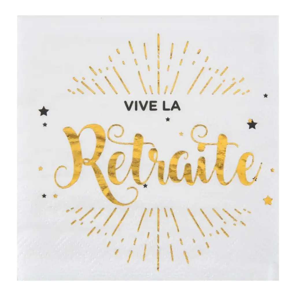 Serviette Vive la Retraite Blanc & Or - Lot de 20