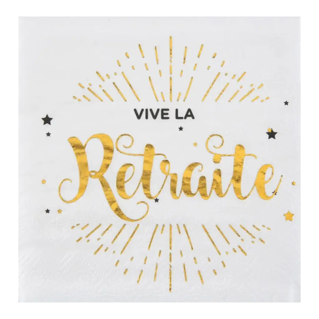 Serviette Vive la Retraite Blanc &amp; Or - Lot de 20