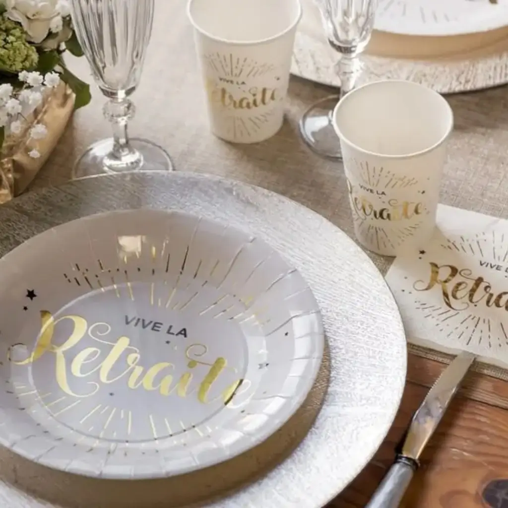 Serviette Vive la Retraite Blanc &amp; Or - Lot de 20
