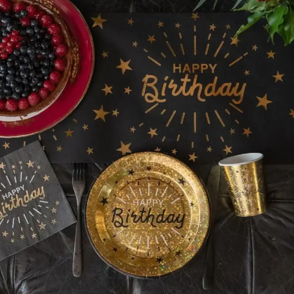 Serviette Happy Birthday Noir &amp; Or - Lot de 10