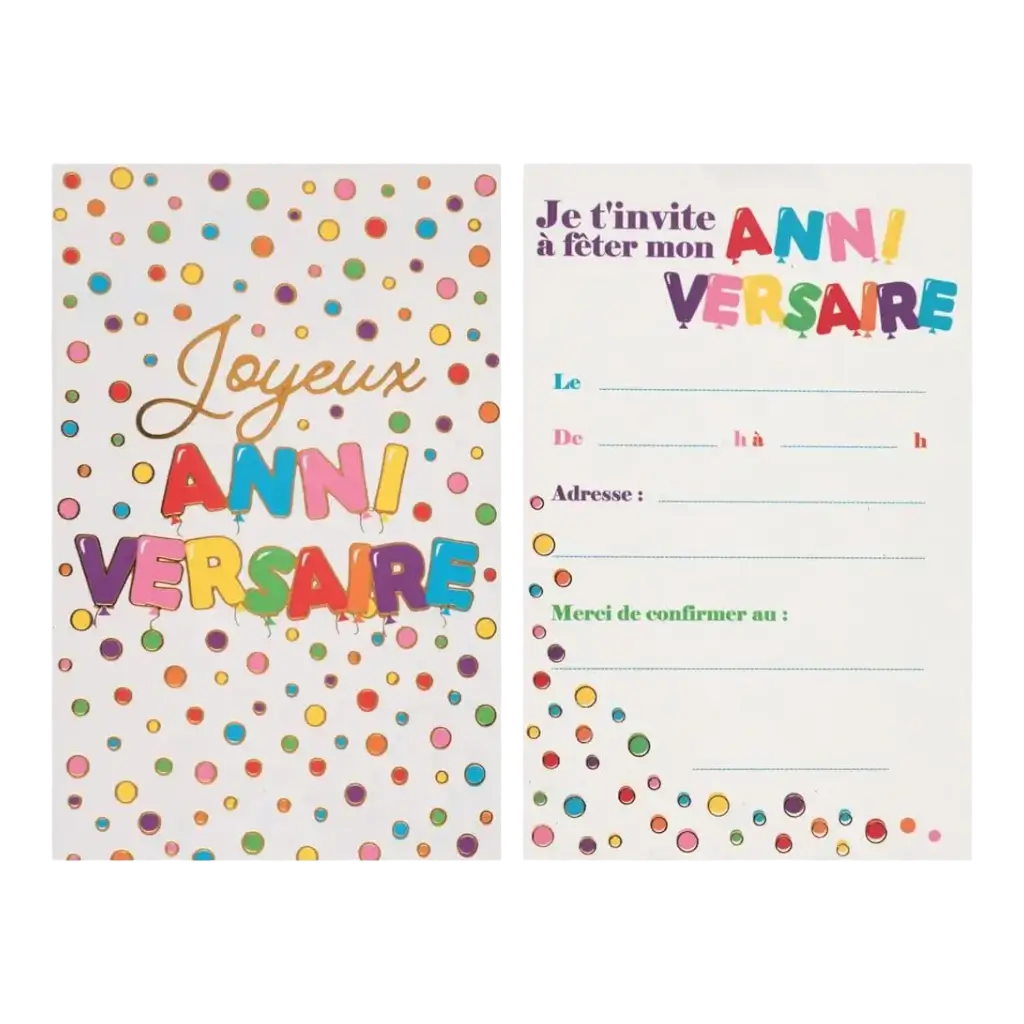 Carte d&#39;invitation Anniversaire Motifs Ballons - Lot de 6