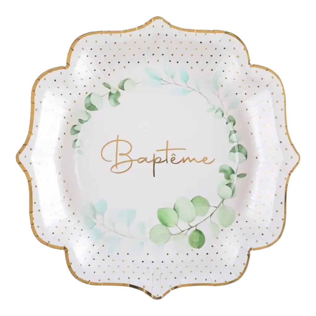 Assiette Baptême Feuillage - Lot de 10