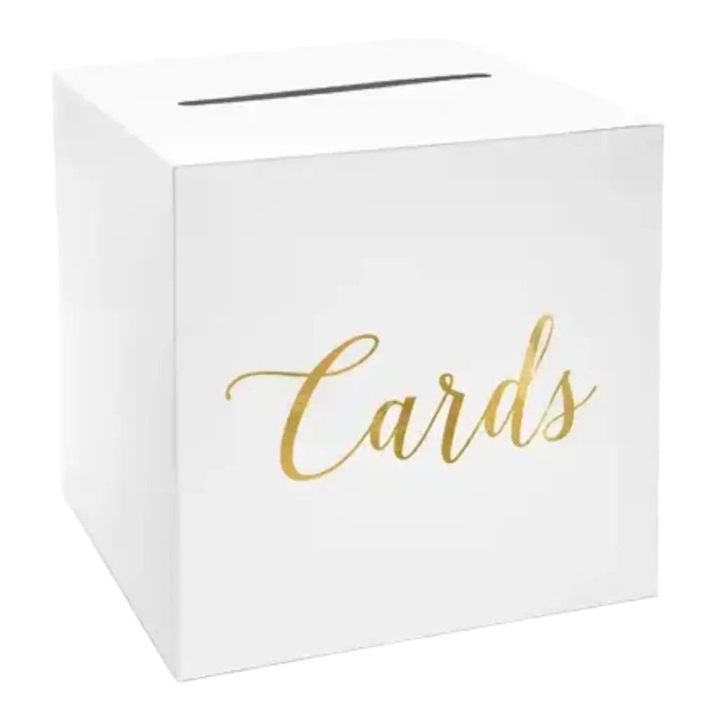 Urne blanche en papier avec inscription "Cards" en or