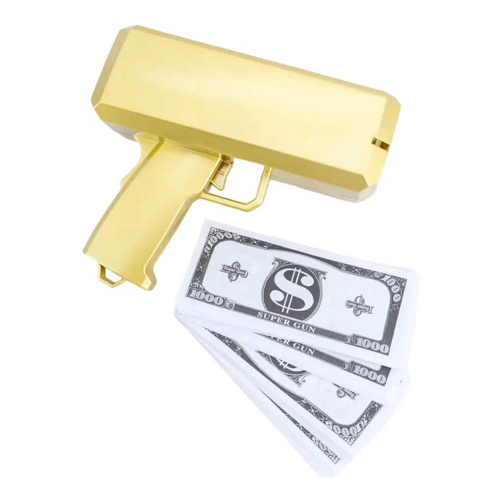 Pistolet à Faux Billets - Avec 100 Billets Prop Inclus, Fonctionne Sur Piles, Pour Fêtes, Mariages, Animations