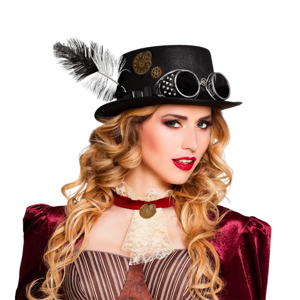 Chapeau haut de forme steampunk avec lunettes et plumes d&#39;autruche