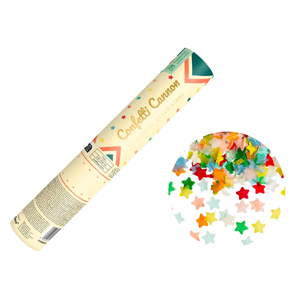 Canon à confettis - Étoiles multicolores - 20 cm