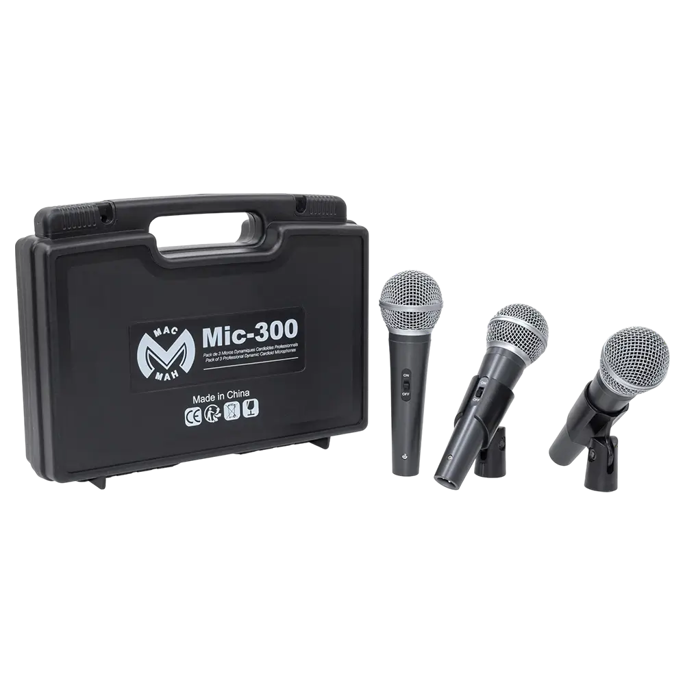 Microphone dynamique MIC 300 Mac Mah – Pack de 3 micros filaires avec valise, pinces, supercardioïde, XLR