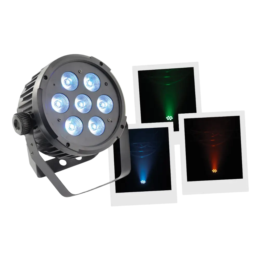 Projecteur PAR LED 7x10W 5in1 – 7 LED RGBWA, DMX, modes auto et musical et télécommande