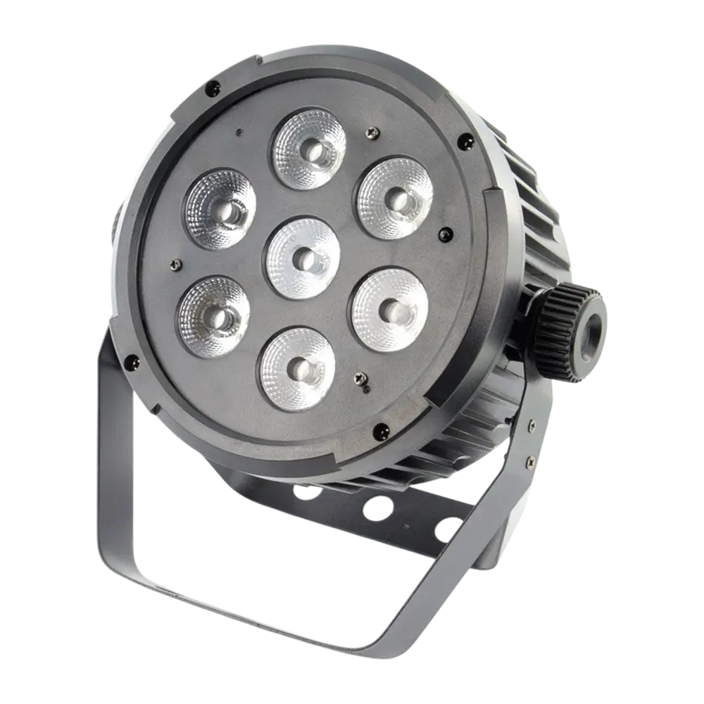 Projecteur PAR LED 7x10W 5in1 – 7 LED RGBWA, DMX, modes auto et musical et télécommande