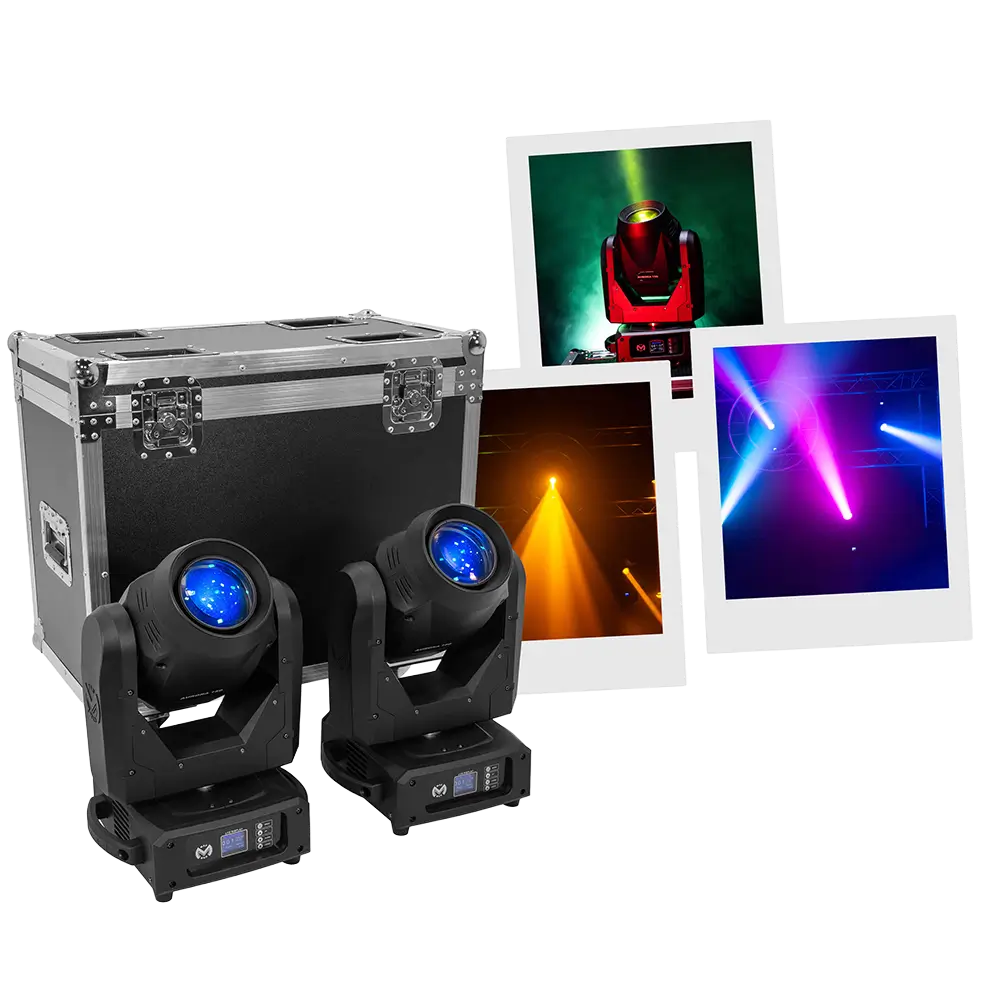 Pack 2 lyres hybrides Aurora 150 BSW beam + spot + wash avec flight case – Mac Mah