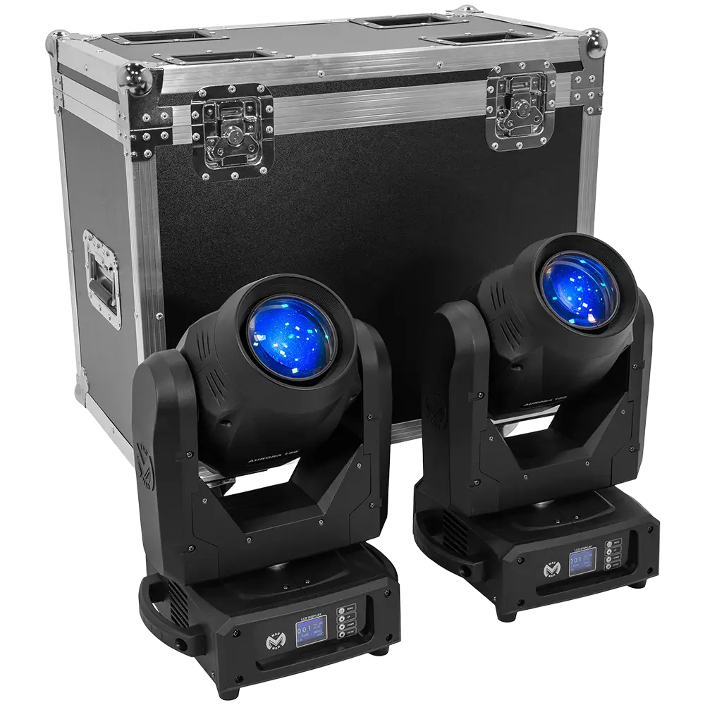 Pack 2 lyres hybrides Aurora 150 BSW beam + spot + wash avec flight case – Mac Mah