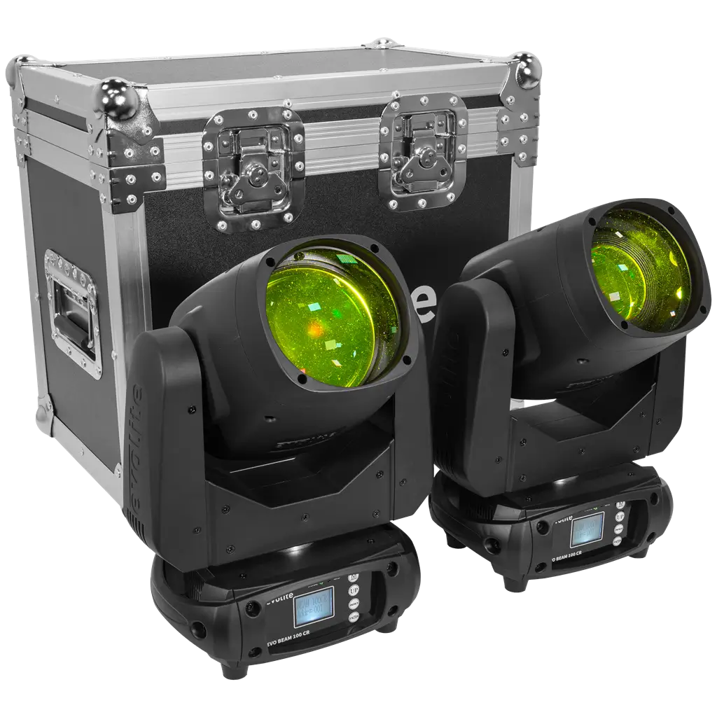 Pack 2 projecteurs beam 100 W en flight case – Evo Beam 100 CR Set Evolite – Contrôle DMX &amp; LED multicolore
