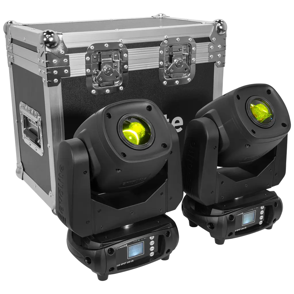 Pack 2 projecteurs spot 100 W en flight case – Evo Spot 100 CR Set Evolite – LED multicolore &amp; contrôle DMX