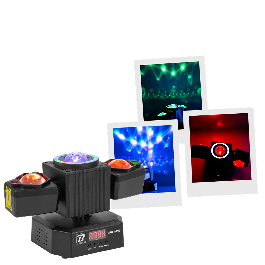 Projecteur multifonction 50 W – UFO Wing BoomTone DJ – LED + LASER + stroboscope + faisceaux, pilotable en DMX