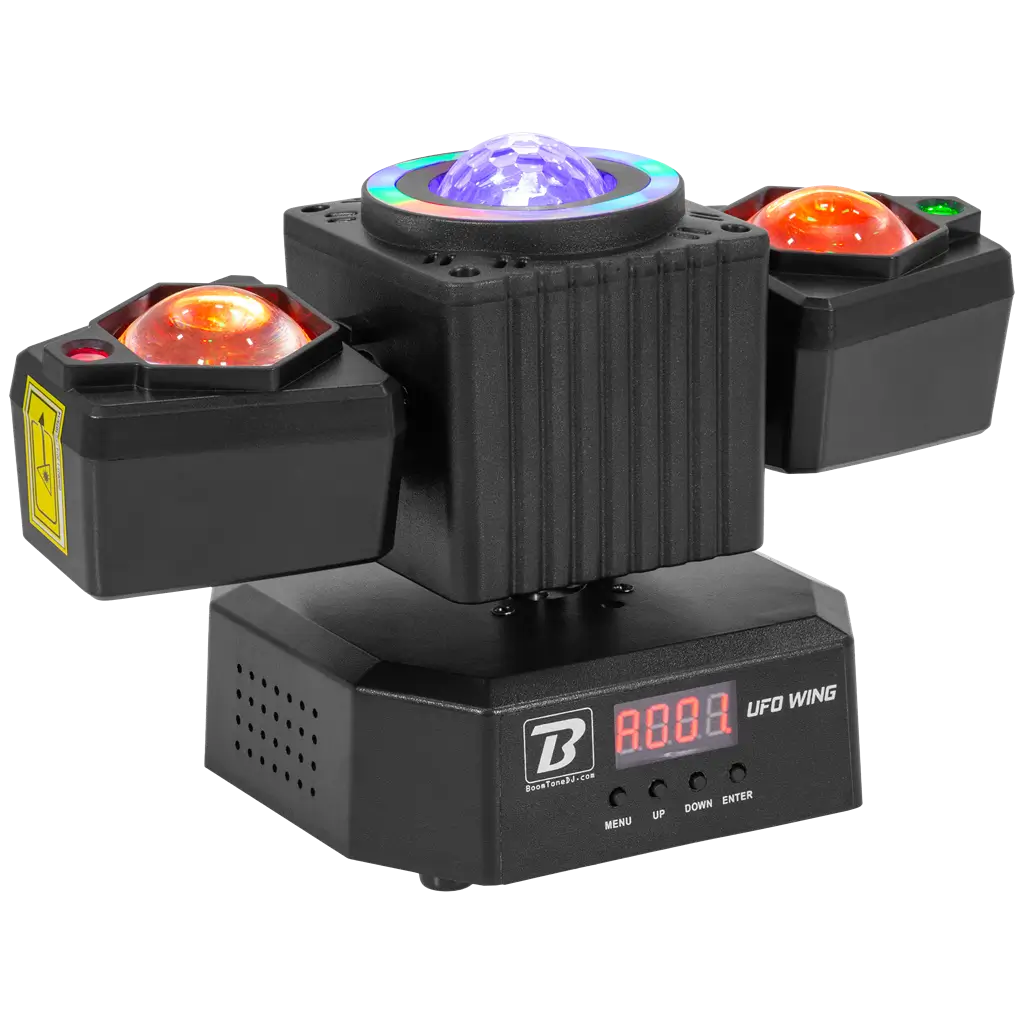 Projecteur multifonction 50 W – UFO Wing BoomTone DJ – LED + LASER + stroboscope + faisceaux, pilotable en DMX