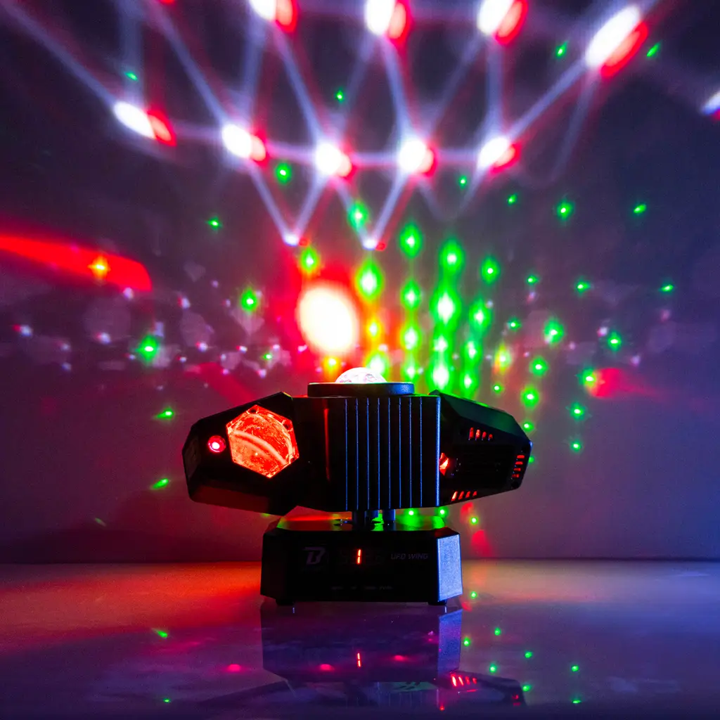 Projecteur multifonction 50 W – UFO Wing BoomTone DJ – LED + LASER + stroboscope + faisceaux, pilotable en DMX