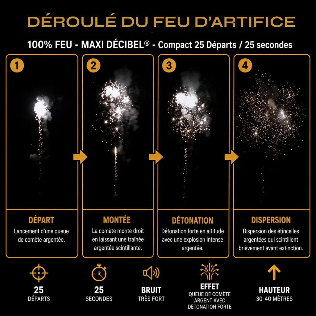 Feu d'Artifice Compact ARDI® 100% FEU - MAXI DÉCIBEL® - 25 Tirs - 25 secondes