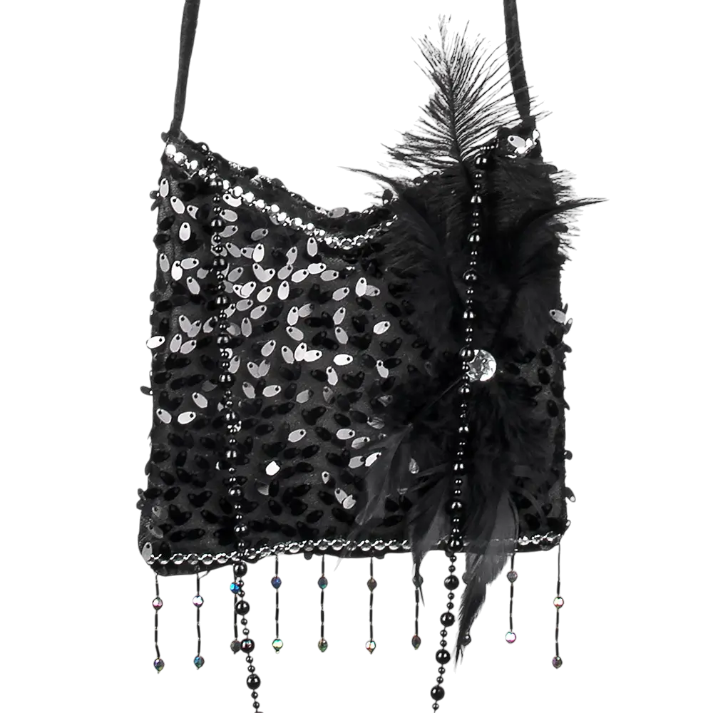 Sac à bandoulière noir avec strass et plumes Flapper
