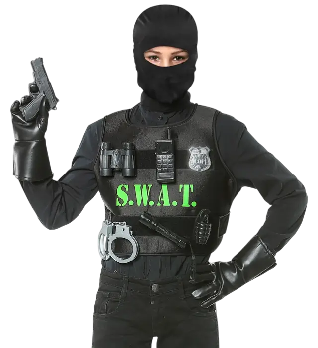 KIT SWAT - gilet pare-balles, insigne, pistolet, menottes, radio, lampe-torche, grenade, jumelles