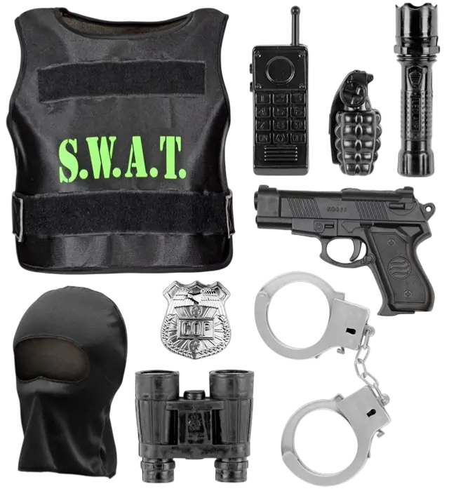 KIT SWAT - gilet pare-balles, insigne, pistolet, menottes, radio, lampe-torche, grenade, jumelles