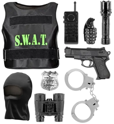 KIT SWAT - gilet pare-balles, insigne, pistolet, menottes, radio, lampe-torche, grenade, jumelles