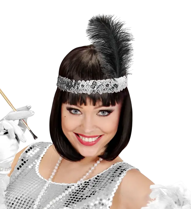 ACCESSOIRES BANDEAU CHARLESTON A PAILLETTES ARGENT AVEC PLUMES VINTAGE