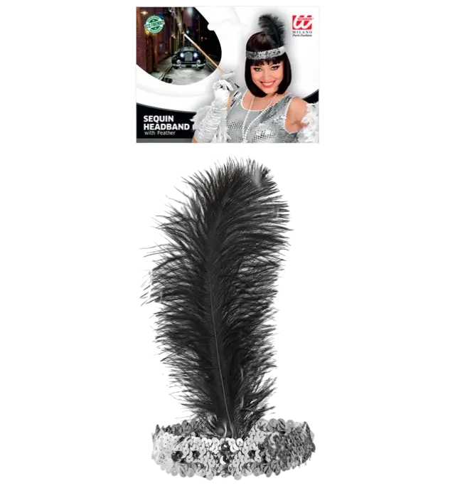 ACCESSOIRES BANDEAU CHARLESTON A PAILLETTES ARGENT AVEC PLUMES VINTAGE
