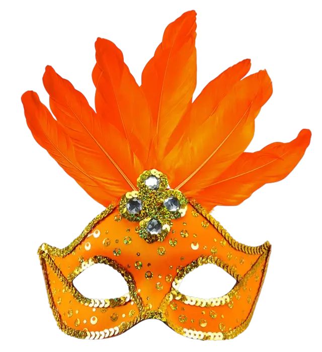 Masque Loup Carnaval Brésil Néon Orange avec Paillettes Or et Plumes – Accessoire Déguisement