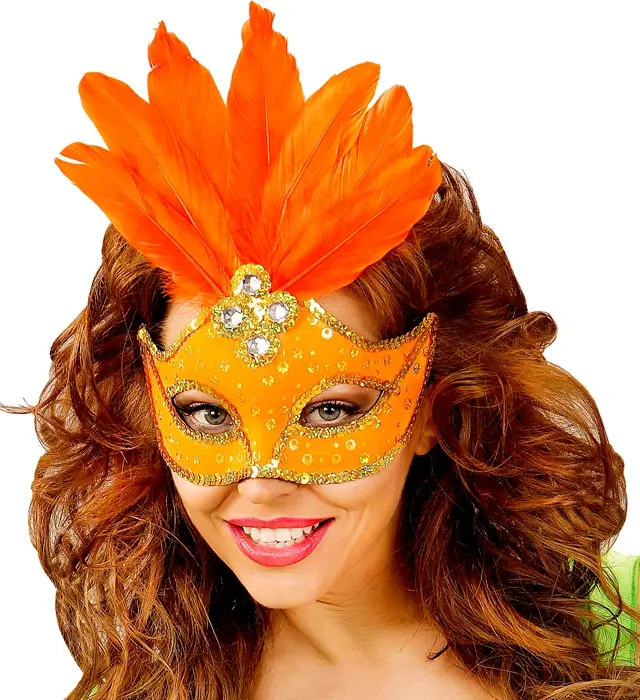 Masque Loup Carnaval Brésil Néon Orange avec Paillettes Or et Plumes – Accessoire Déguisement