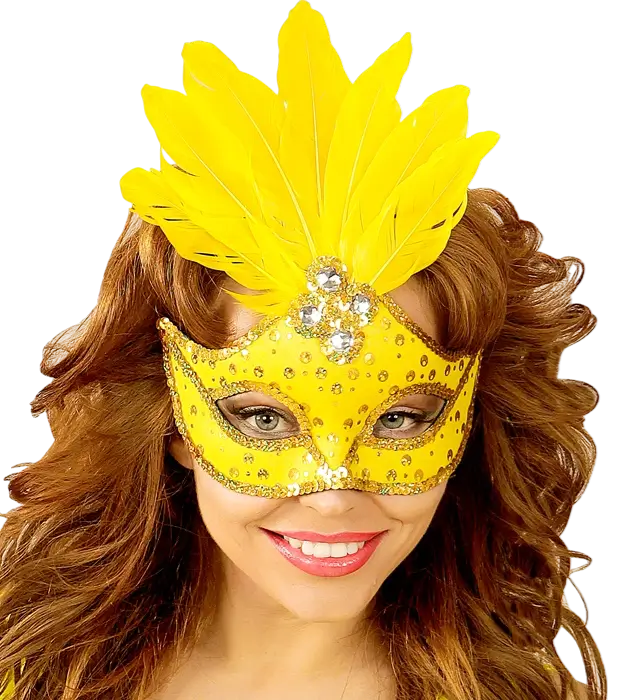 Masque Loup Carnaval Brésil Néon Jaune avec Paillettes Or et Plumes – Accessoire Déguisement