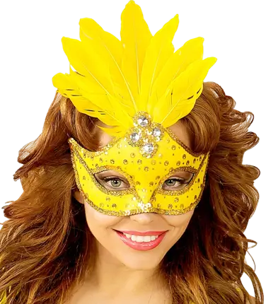 Masque Loup Carnaval Brésil Néon Jaune avec Paillettes Or et Plumes – Accessoire Déguisement