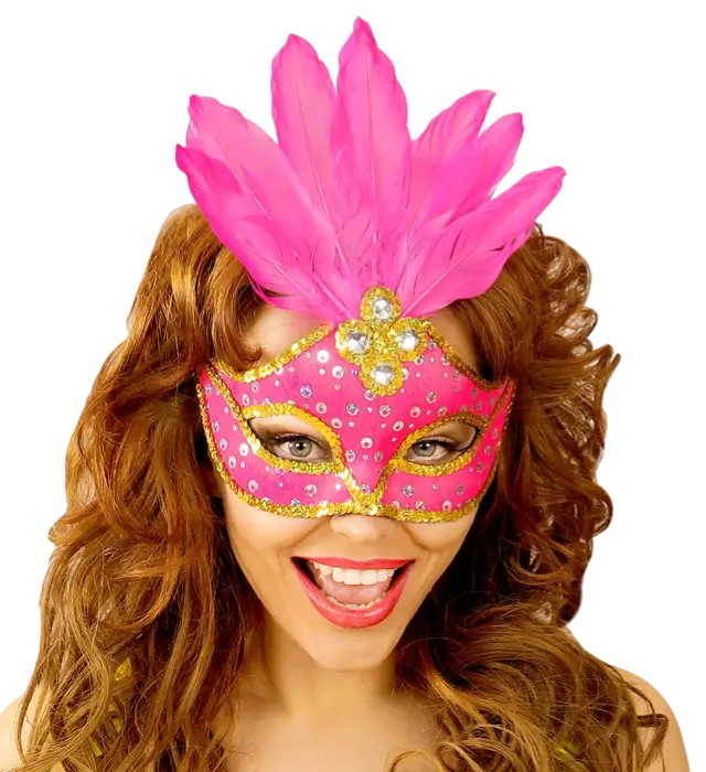 Masque Loup Carnaval Brésil Néon Rose avec Paillettes Or et Plumes – Accessoire Déguisement